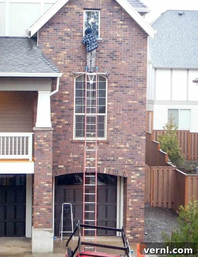 Dangerous Ladder Usage You Must Avoid 2 Man dangerously overreaching on a too-short ladder while washing windows, illustrating poor ladder safety practices and ignoring crucial safety rules.