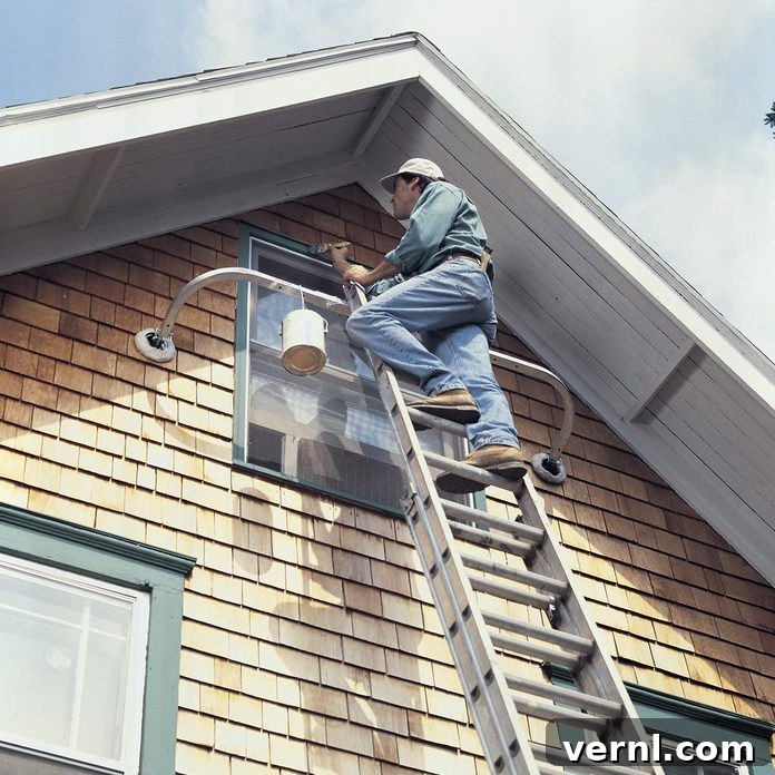 Dangerous Ladder Usage You Must Avoid 3 Painter safely positioned on an extension ladder with a wide standoff, maintaining three points of contact while working on a window, demonstrating correct ladder usage.