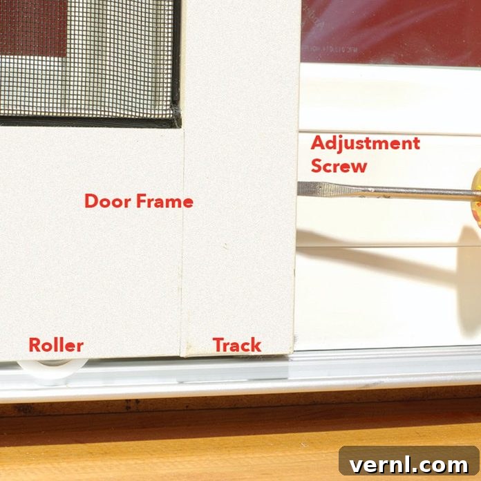 From Stuck to Smooth: Adjust Your Patio Screen Door 3 Adjusting the rollers on a patio screen door for smooth operation.