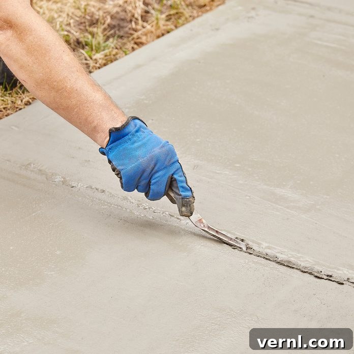 DIY Sidewalk Transformation: Easier Than You Imagine 12 Reforming control joints in the freshly applied Sakrete Flo-Coat using a mortar rake