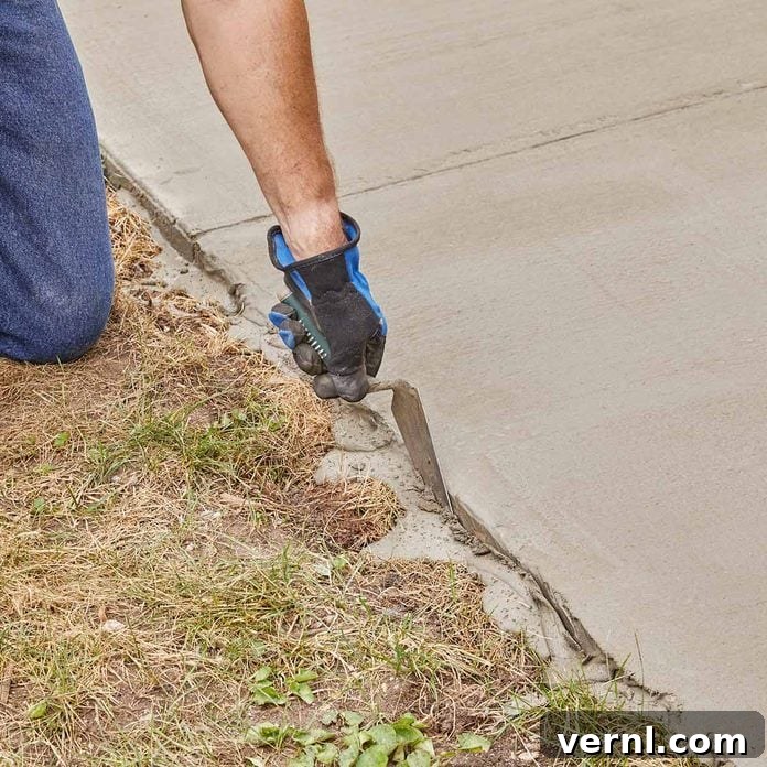 DIY Sidewalk Transformation: Easier Than You Imagine 14 Scraping away excess Sakrete Flo-Coat along the concrete edges with a trowel