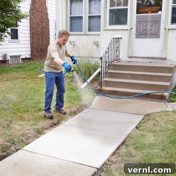 DIY Sidewalk Transformation: Easier Than You Imagine 6 Misting the concrete sidewalk to dampen the surface before applying Sakrete Flo-Coat