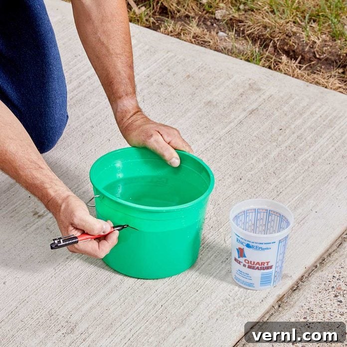 DIY Sidewalk Transformation: Easier Than You Imagine 7 Measuring water for Sakrete Flo-Coat mix, marked for consistency