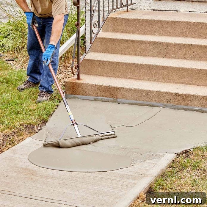 DIY Sidewalk Transformation: Easier Than You Imagine 10 Using a squeegee to spread Sakrete Flo-Coat evenly over the sidewalk
