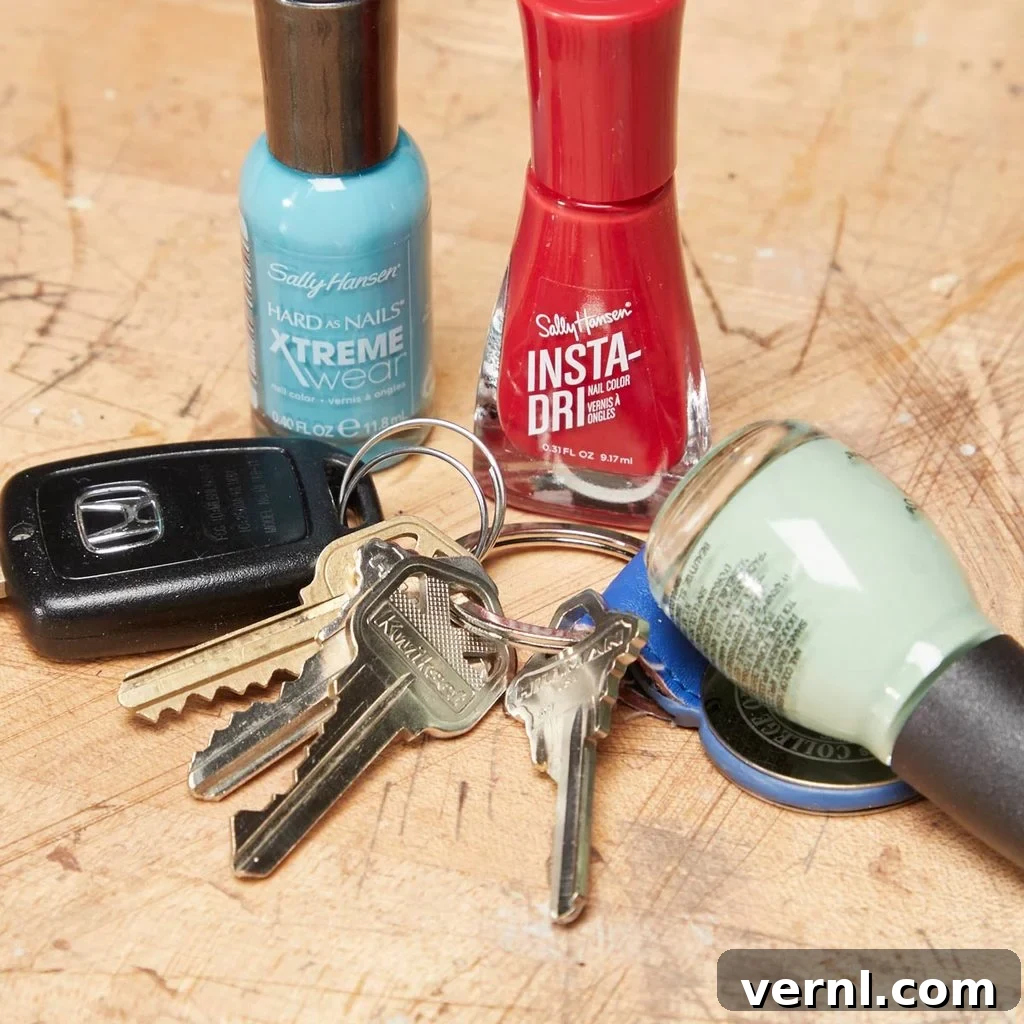 Color-coded keys on a keychain