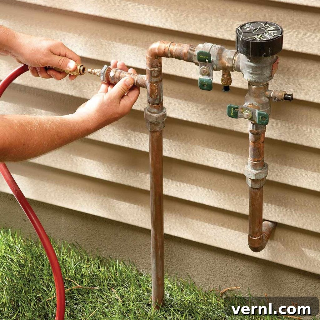 Weekend Project: Winterproof Your Home 5 A sprinkler system being winterized, with water being blown out of the lines to prevent freezing