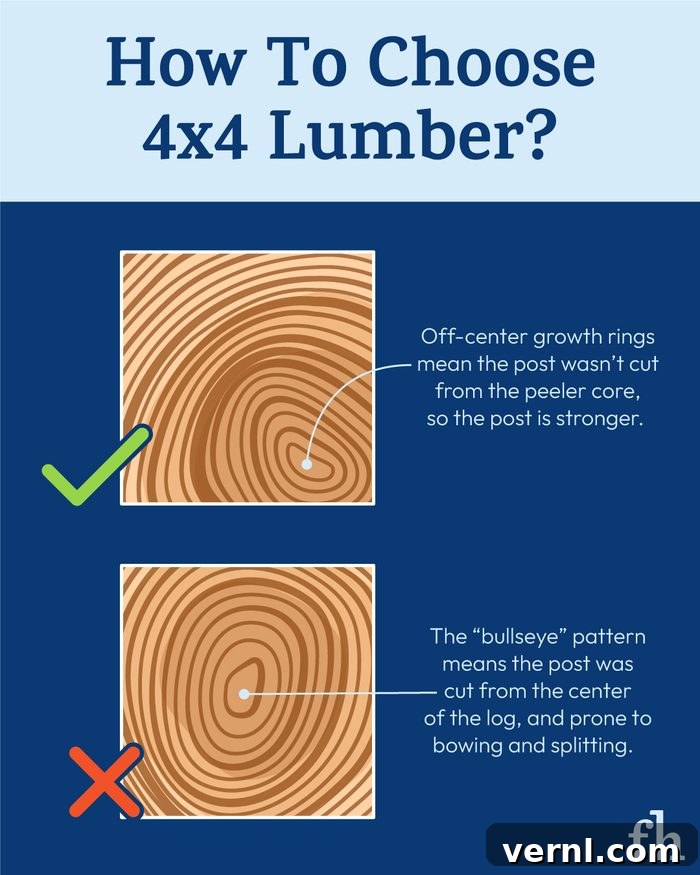 Avoid Costly Mistakes When Selecting 4x4 Lumber 2 How To Choose 4x4 Lumber Infographic for what to look out for and what to avoid on blue background, illustrating good vs bad growth ring patterns and signs of warping.
