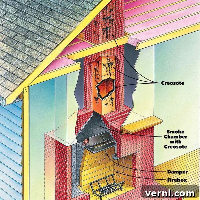 When to Clean Your Chimney Flue and How to Do It Right 2 Fireplace cleaning tools and a lit fireplace