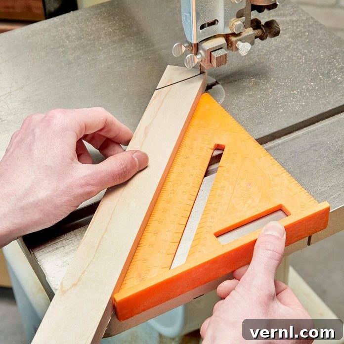 Effortless 45-Degree Bandsaw Cuts 2 Precisely cut 45-degree miter joints on wood, ready for a picture frame assembly.