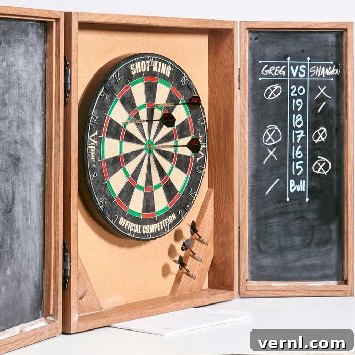 Outdoor Kitchen Canopy with Storage 10 Custom-built dartboard cabinet with chalkboard doors.