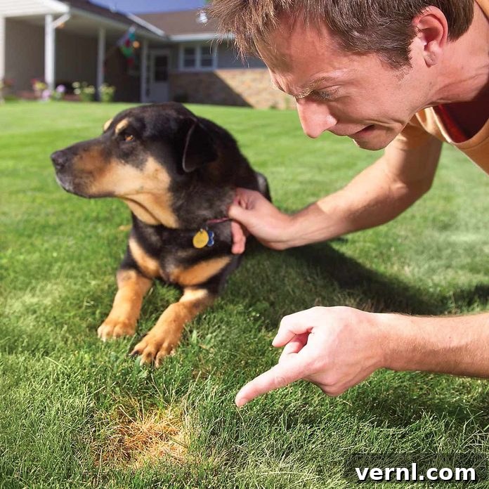 Man holding a dog by the collar and pointing to a brown spot on the grass, indicating pet urine damage, with a healthy green lawn around it