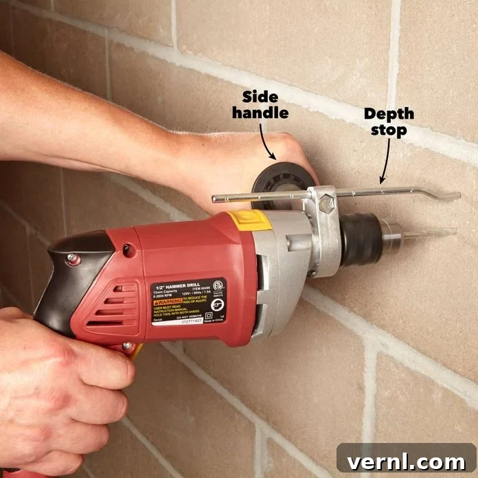 Rotary vs. Hammer Drills: Picking the Right Tool 12 Demonstrating the use of a depth stop on a drill for precise drilling depth