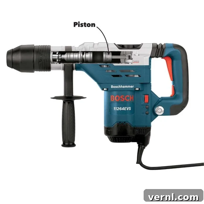 Rotary vs. Hammer Drills: Picking the Right Tool 4 Detailed internal view of a rotary hammer showing its piston and crankshaft for pneumatic hammering