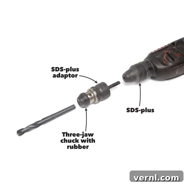 Rotary vs. Hammer Drills: Picking the Right Tool 8 SDS-Plus chuck adapter shown attached to a rotary hammer, allowing use of smooth-shank bits