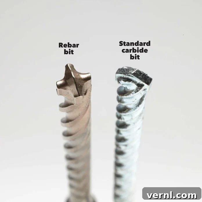 Rotary vs. Hammer Drills: Picking the Right Tool 9 Comparison between a standard carbide-tipped drill bit and a rebar-cutting carbide bit for masonry