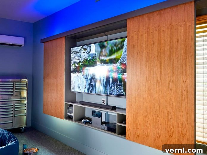 Custom media cabinet housing a TV in a transformed garage