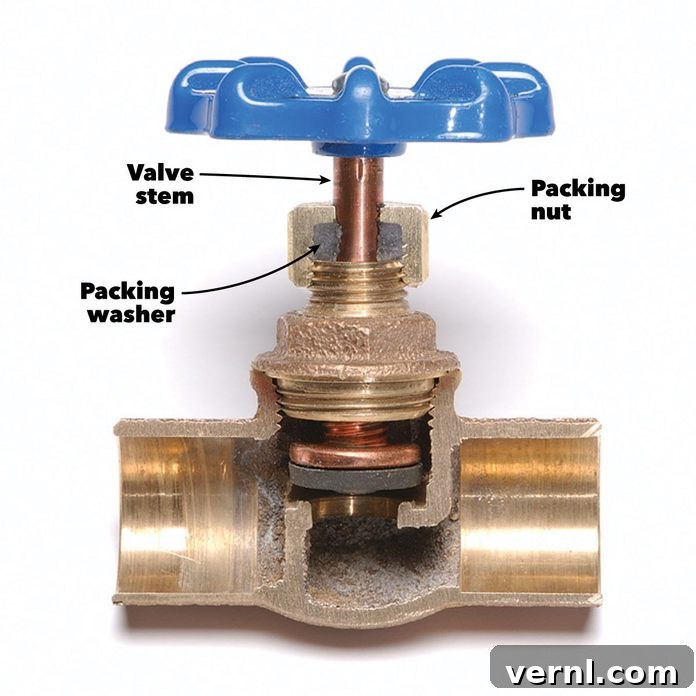 Internal view of a water shutoff valve showing the packing components