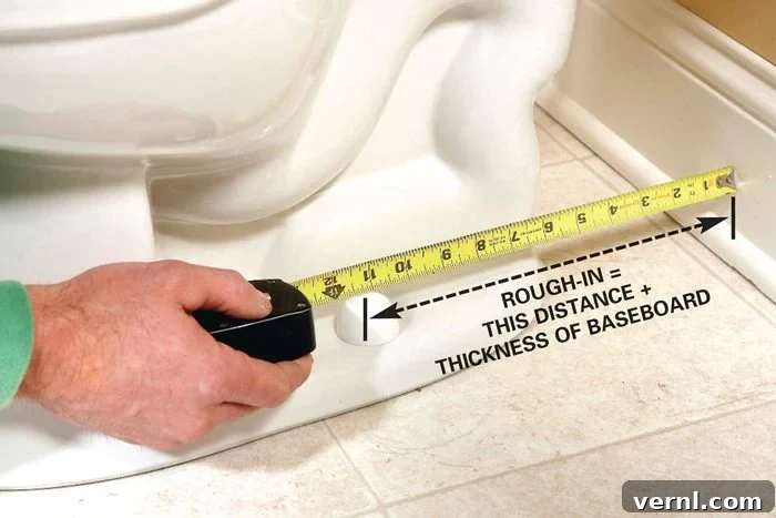 The Ultimate Toilet Buying Guide for Your Home 7 Measuring the rough-in distance behind a toilet.