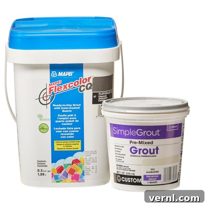 Mastering Grout Choice for Lasting Beauty 2 Two hands mixing a bag of ready-to-use grout in a bucket.