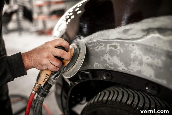 Scratch Free Shine Your Ultimate Guide to Car Paint Correction 6 Using a portable electric sander to sand off damaged paint from a car quarter panel
