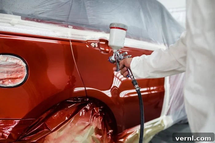 Scratch Free Shine Your Ultimate Guide to Car Paint Correction 7 Man with protective clothes and mask painting car using spray compressor.