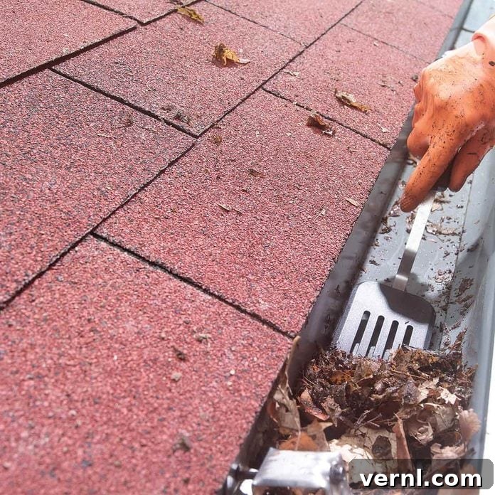 Future-Proof Your Gutters: Winterize Them Today 2 Man cleaning gutters with a spatula, ensuring winter readiness for his home.