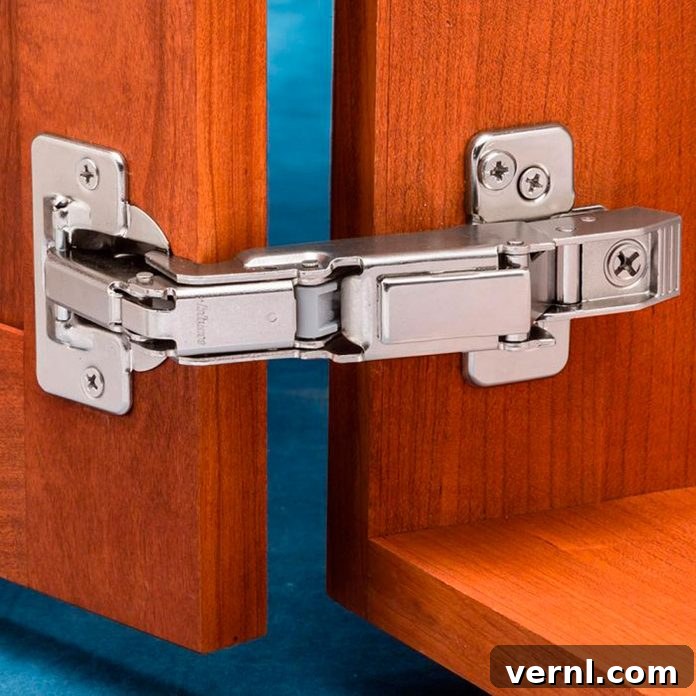 Concealed Hinges: The Ultimate Guide 2 Full overlay concealed hinge: The cabinet door completely covers the cabinet opening and rests flush with the exterior of the cabinet box, leaving only a tiny reveal.