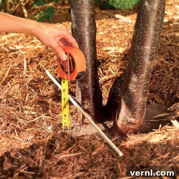 From Lint Trap to Lush Landscape Repurpose Dryer Lint for Your Garden 4 A gardener carefully measuring the thickness of a mulch layer around plants in a well-tended garden bed