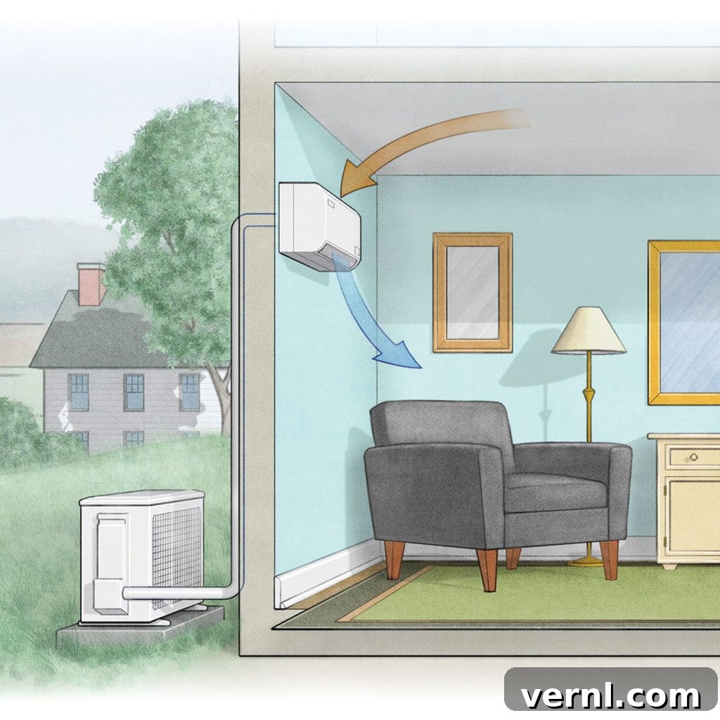 6 Smart Strategies for Keeping Your Home Cool 5 Sleek indoor unit of a mini-split air conditioning system mounted high on a wall.