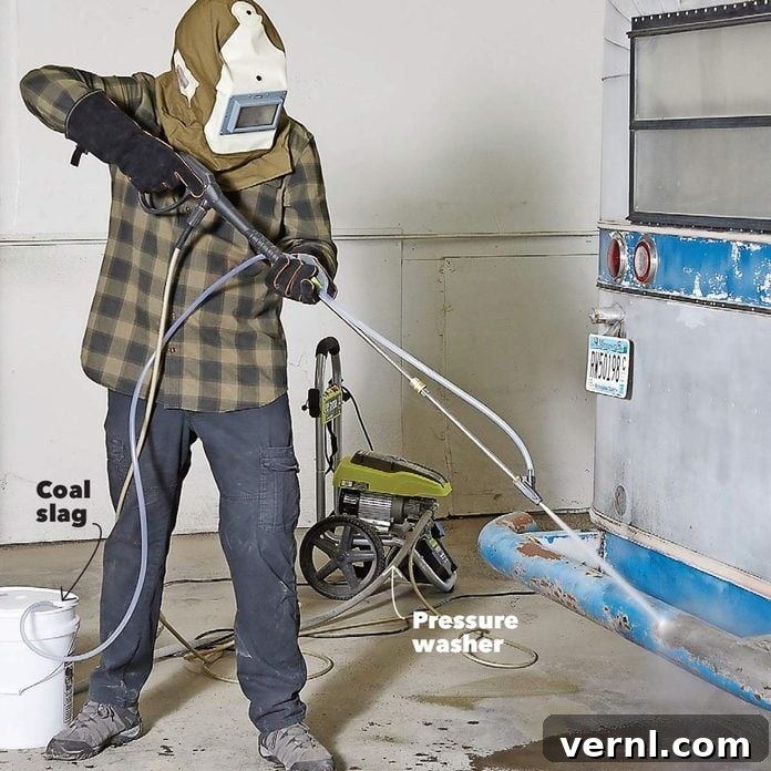 The Camper's Grand Comeback: From Junk to Jewel 3 sand blasting camper with water