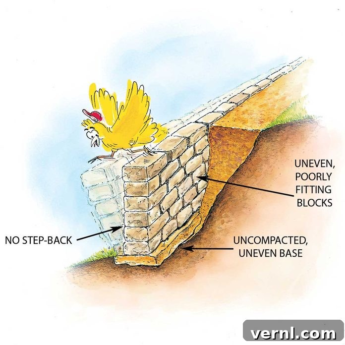 Your Complete DIY Guide to Building a Retaining Wall 5 Diagram showing the construction of a poorly built retaining wall