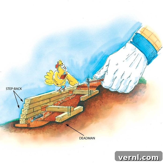 Your Complete DIY Guide to Building a Retaining Wall 7 Diagram illustrating the use of 'dead men' anchors in timber retaining walls