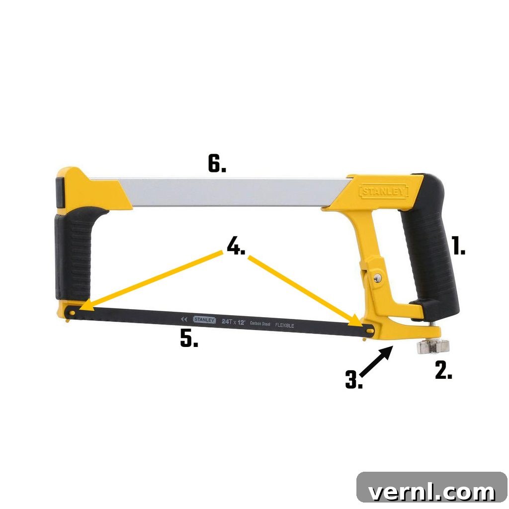 Hacksaw A hacksaw with all of its parts labeled | Construction Pro Tips