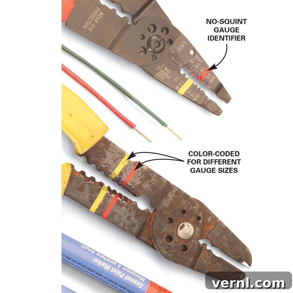 Wire stripper tip Different color for different gauge sizes on a wire stripper | Construction Pro Tips
