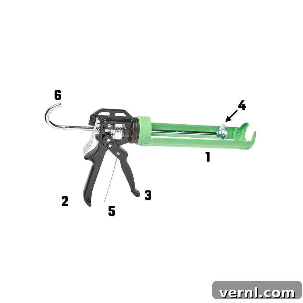 Caulking gun with labeled parts