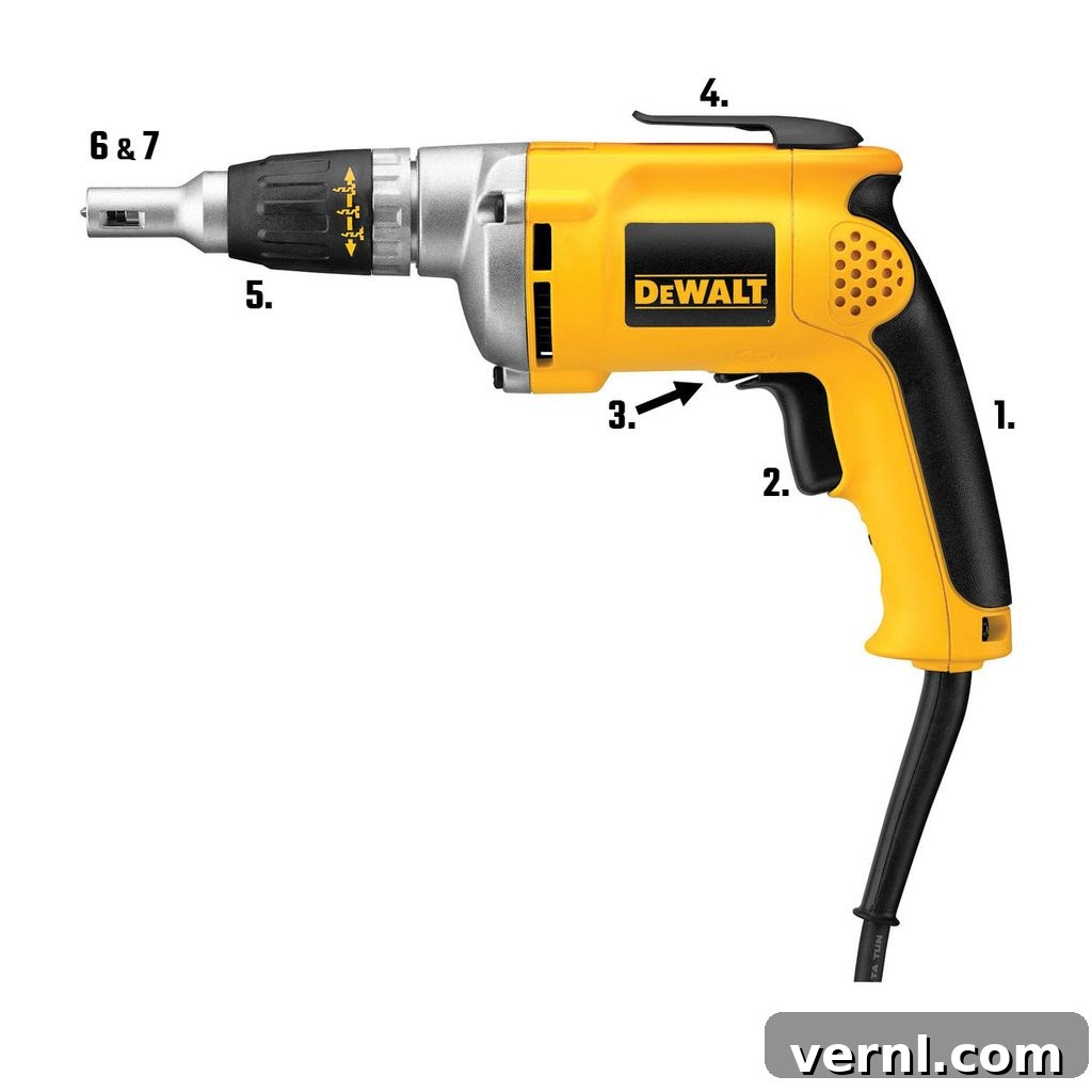 A yellow and black electric screwdriver is displayed, with labels on various parts, set against a plain white background, showcasing its design for ease of use.
