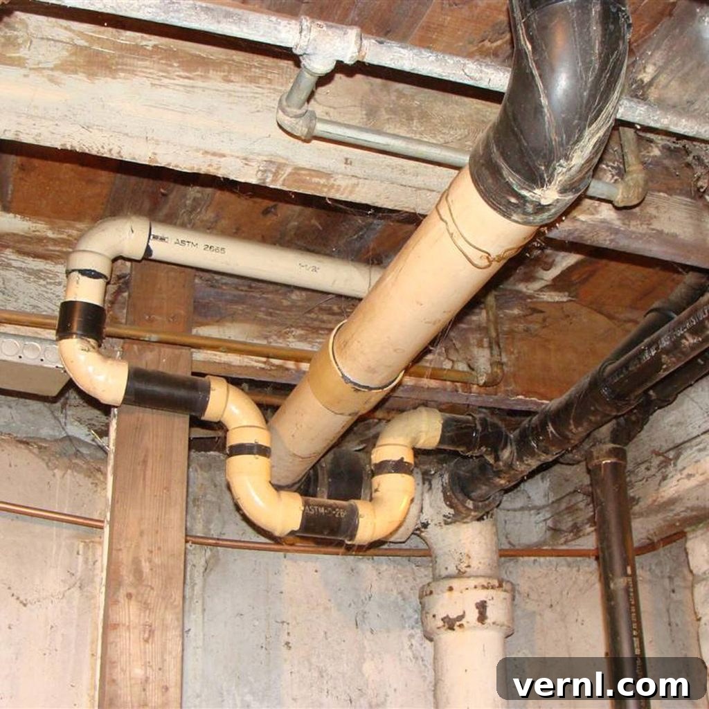 Home Inspector Q&A: ABS and PVC Compatibility 2 Pipes of various materials and colors are connected in a utility space, with bends and joins near wooden supports, suggesting a plumbing system in a basement.