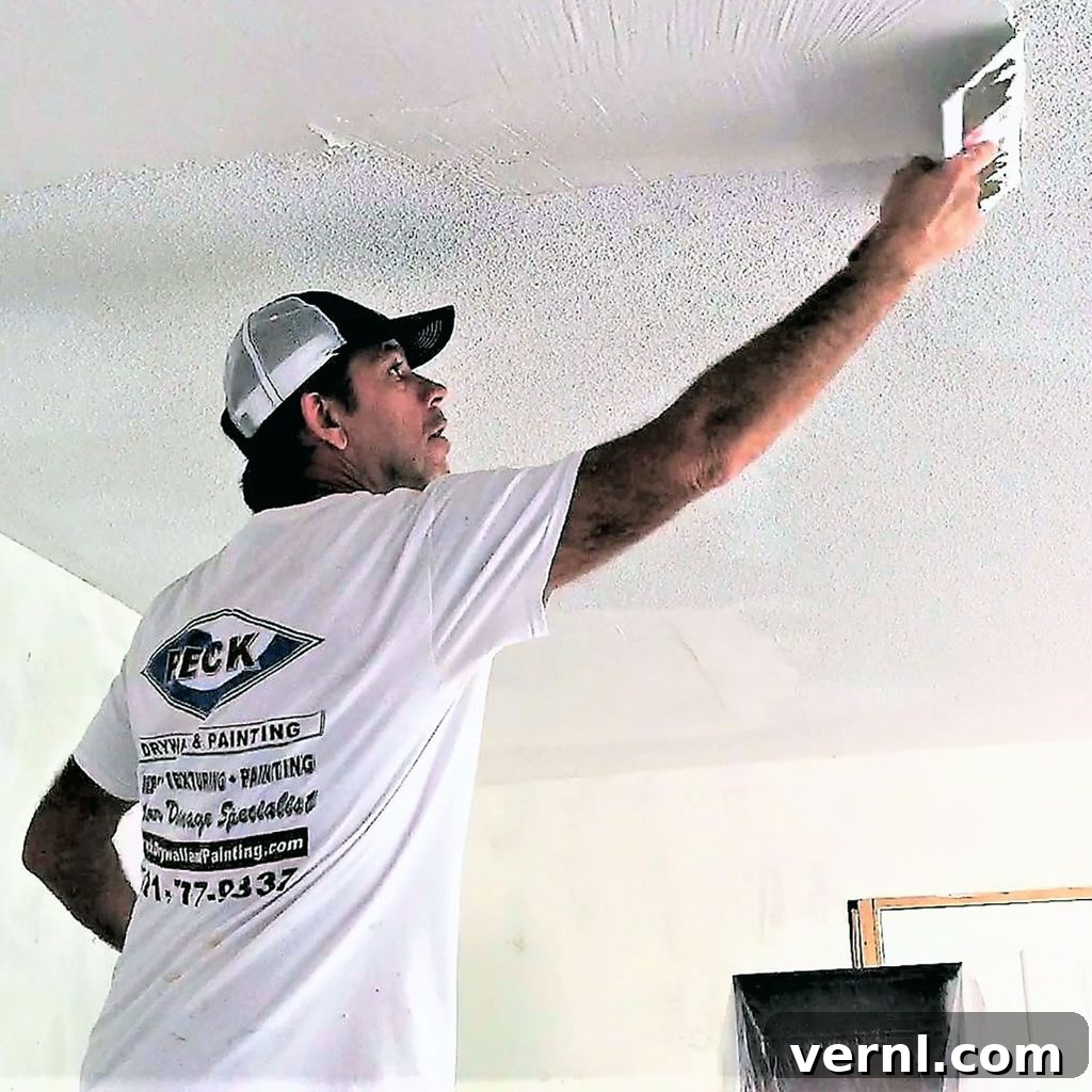 Unlock Perfect Walls: 5 Reasons to Skim Coat 2 A man with a cap applies texture to a ceiling using a spatula, standing in a partially painted room with an open window.