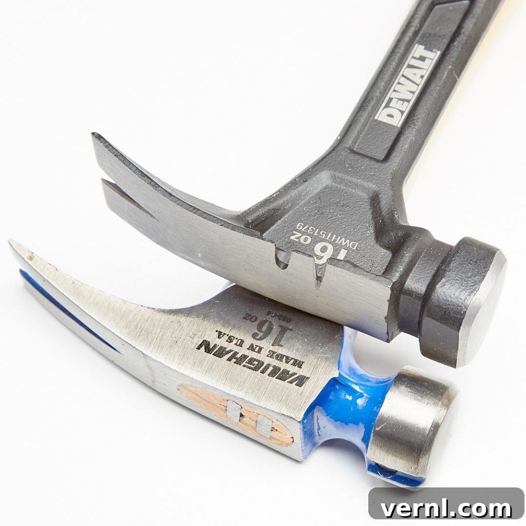 Hammer Claw Showdown Curved or Straight 2 Two different styles of hammer heads, illustrating distinct straight and curved claw designs