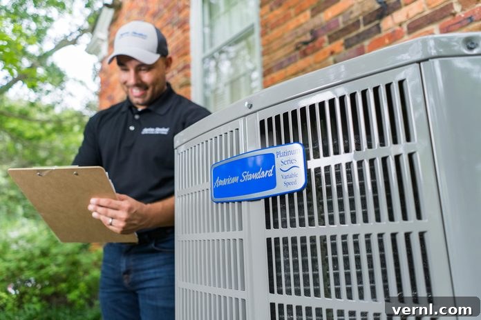 Mastering HVAC Ownership 5 Close up on logo of Platinum 20 Heat Pump / Air Conditioner placed outside while American Standard technician makes notes