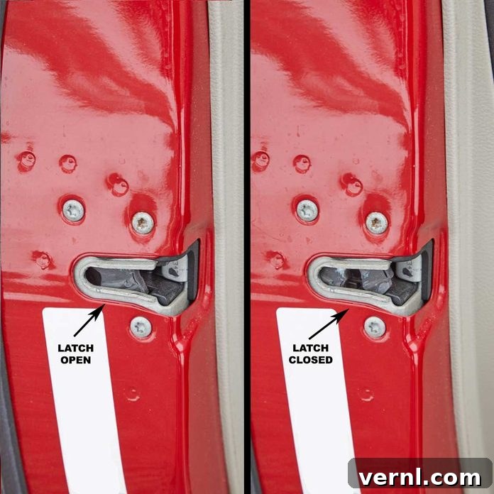 Fixing a Car Door That Refuses To Close 2 Car door latch in open and closed position