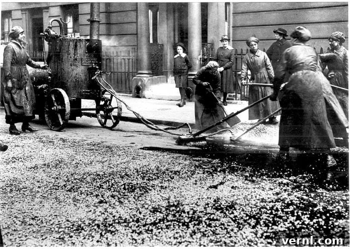 Breaking Ground: The History of Women in Construction 2 World War I - 1914 - 1918. After conscription in 1916, British women took over many civilian jobs. Women resurfacing a city street in Westminster, London.