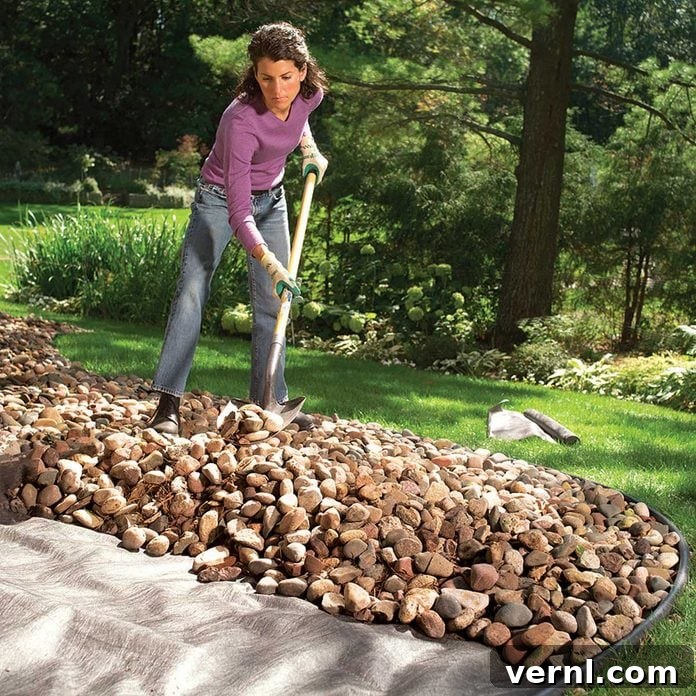 Shoveling Stone Mulch with Fabric