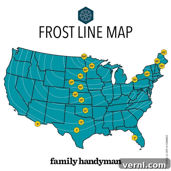 The Unseen Line: Mastering Your Local Frost Depth for Home Safety 2 A map of the United States displays frost line depths, marked with numbers ranging from 0 to 100 inches, indicating varying frost penetration across regions.