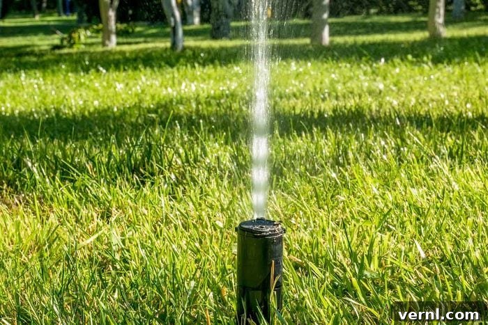 A vibrant green lawn being watered by a sprinkler, illustrating proper hydration practices for a healthy yard.