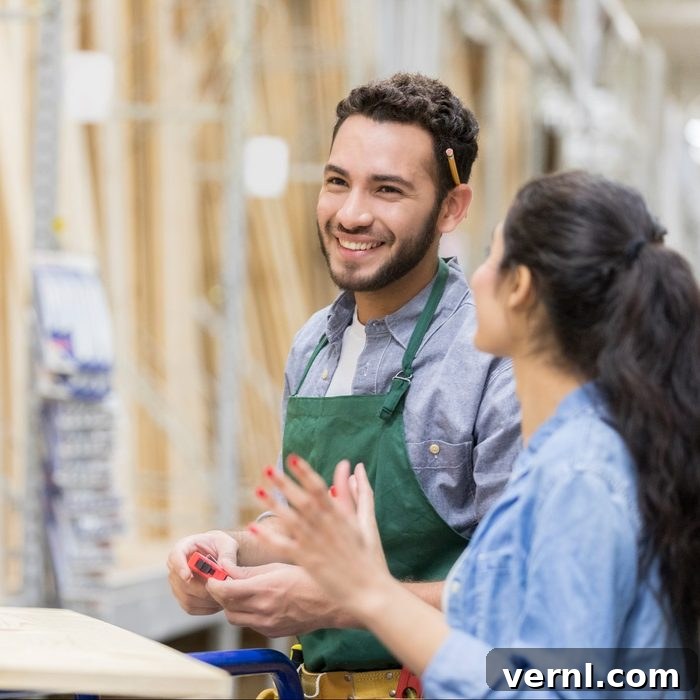 Cheerful lumber yard employee assists female customer