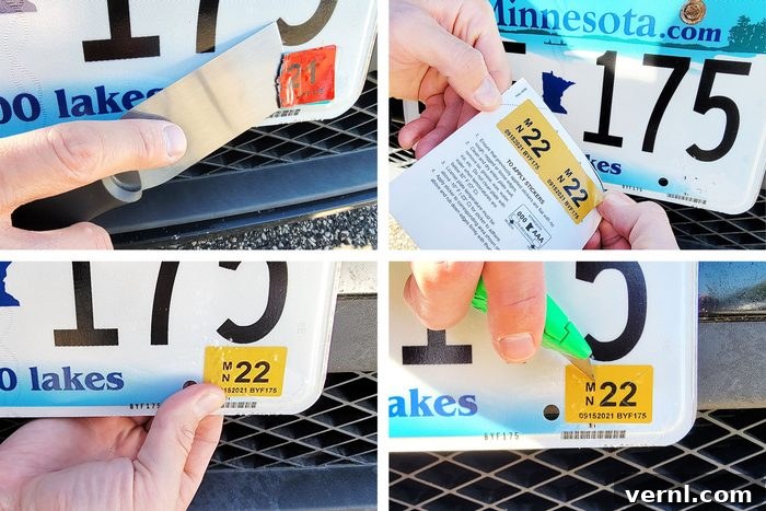 Razor-Score Your License Plate Sticker to Prevent Theft 2 collage of four photos showing the process of Changing And Scoring License Plate Tag Sticker