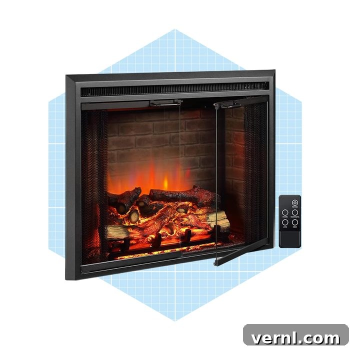 Electric or Gas Fireplace? Making the Right Choice for Your Home 4 Puraflame Klaus Electric Fireplace Insert showing realistic LED flames and logs.