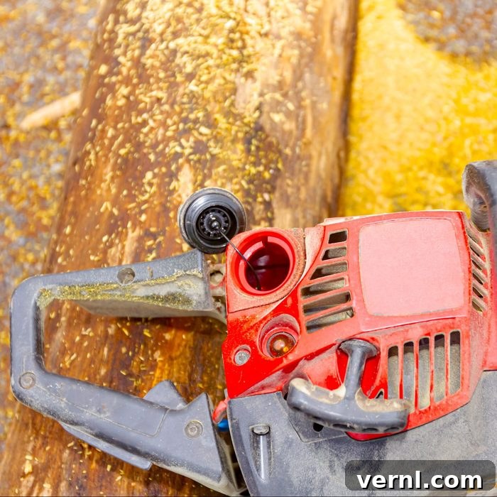 Chainsaw on stumps with open fuel reservoir showing fuel level