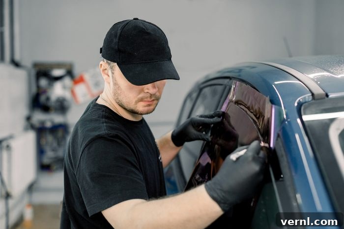 Get Smart About Car Window Tint Before You Buy 2 man applying window tint to car window in the shop